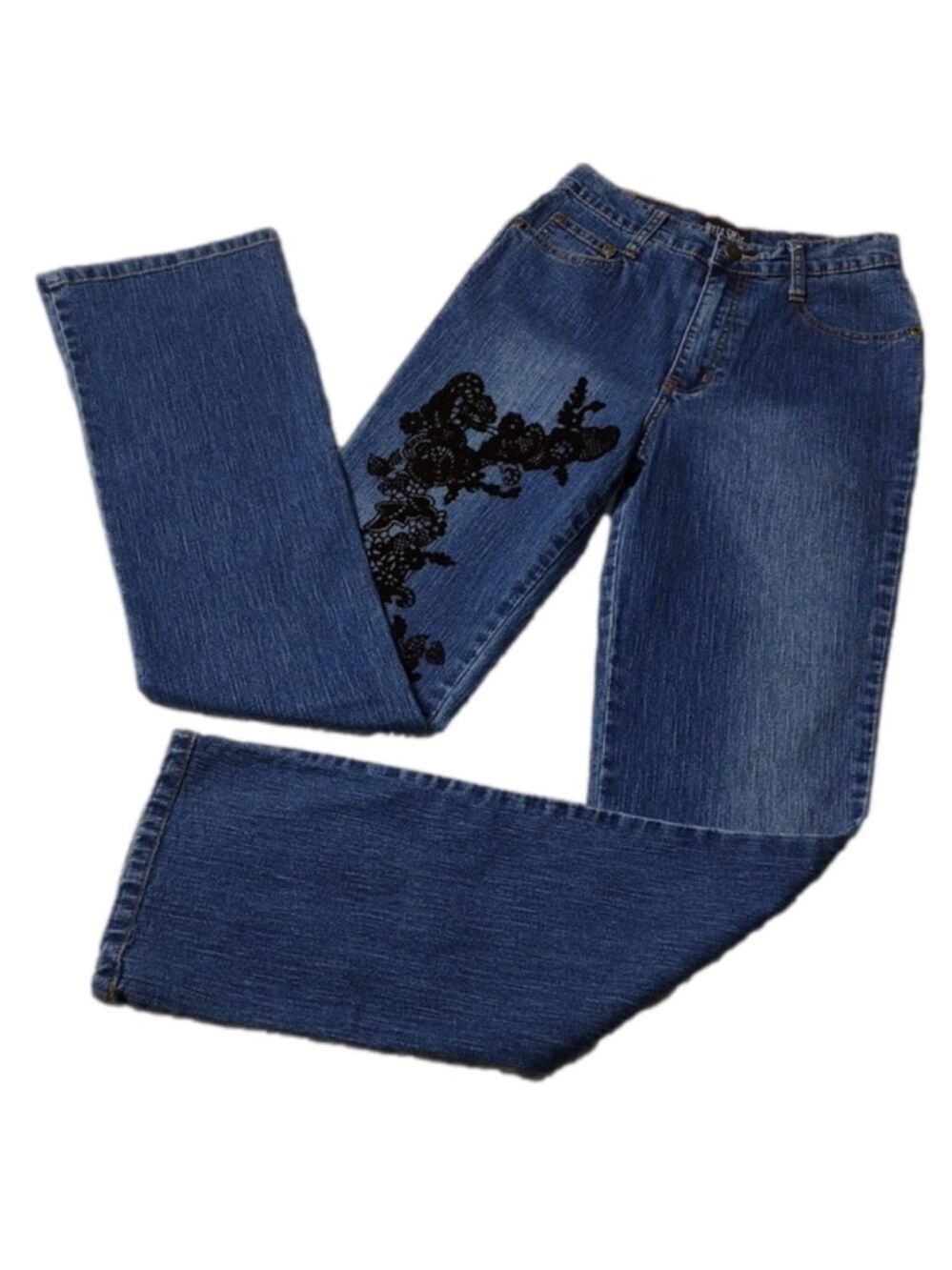Belle Sport Blue Medium Wash Black Floral Suede Embroidered Straight Leg Jeans